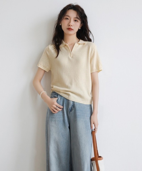 Ritzy(リッツィー)の「ジップアップポロニットトップス(Tシャツ/カットソー・レディース・ライトグレー/ダークグレー/ネイビー/イエロー/ホワイト・M/L)」の5枚目の写真