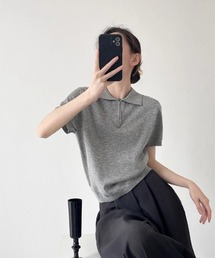 ジップアップポロニットトップス