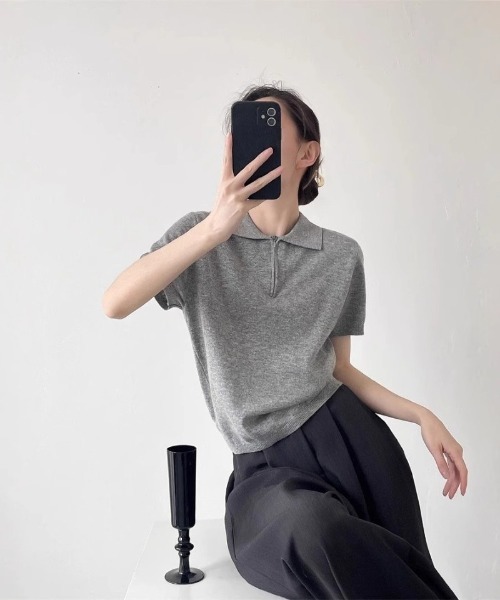 Ritzy(リッツィー)の「ジップアップポロニットトップス(Tシャツ/カットソー・レディース・ライトグレー/ダークグレー/ネイビー/イエロー/ホワイト・M/L)」の8枚目の写真