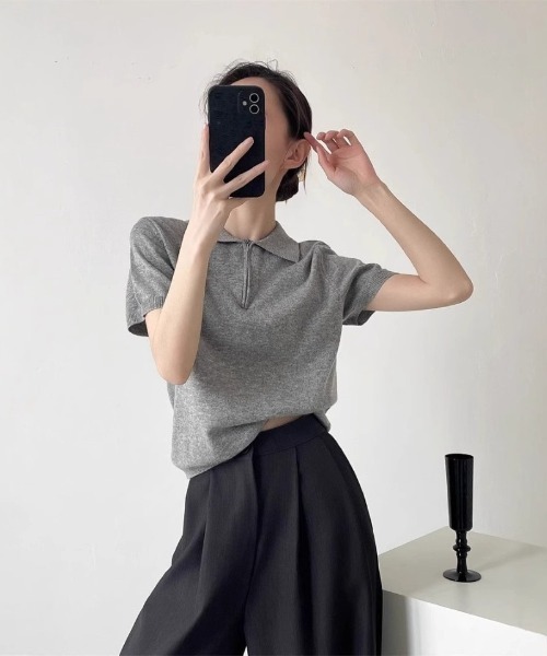 Ritzy(リッツィー)の「ジップアップポロニットトップス(Tシャツ/カットソー・レディース・ライトグレー/ダークグレー/ネイビー/イエロー/ホワイト・M/L)」の10枚目の写真