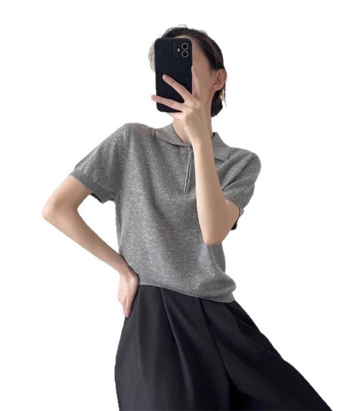 Ritzy(リッツィー)の「ジップアップポロニットトップス(Tシャツ/カットソー・レディース・ライトグレー/ダークグレー/ネイビー/イエロー/ホワイト・M/L)」の11枚目の写真