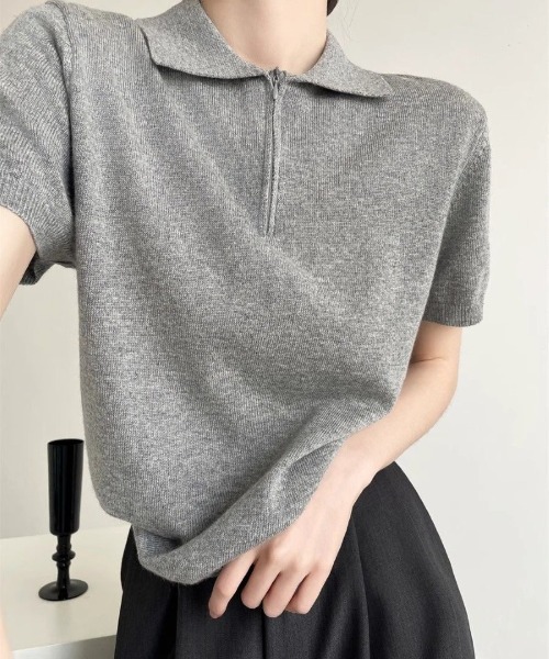 Ritzy(リッツィー)の「ジップアップポロニットトップス(Tシャツ/カットソー・レディース・ライトグレー/ダークグレー/ネイビー/イエロー/ホワイト・M/L)」の15枚目の写真