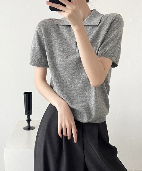 Ritzy(リッツィー)の「ジップアップポロニットトップス(Tシャツ/カットソー・レディース・ライトグレー/ダークグレー/ネイビー/イエロー/ホワイト・M/L)」の16枚目の写真