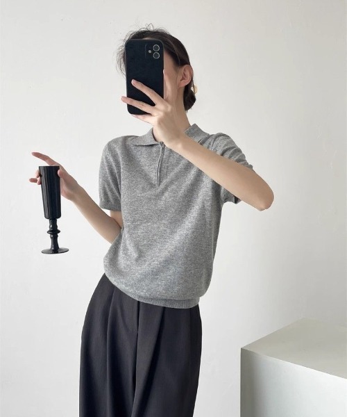Ritzy(リッツィー)の「ジップアップポロニットトップス(Tシャツ/カットソー・レディース・ライトグレー/ダークグレー/ネイビー/イエロー/ホワイト・M/L)」の20枚目の写真