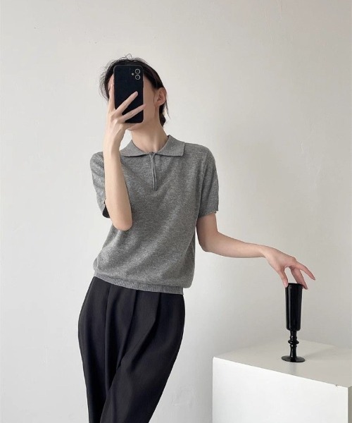 Ritzy(リッツィー)の「ジップアップポロニットトップス(Tシャツ/カットソー・レディース・ライトグレー/ダークグレー/ネイビー/イエロー/ホワイト・M/L)」の21枚目の写真
