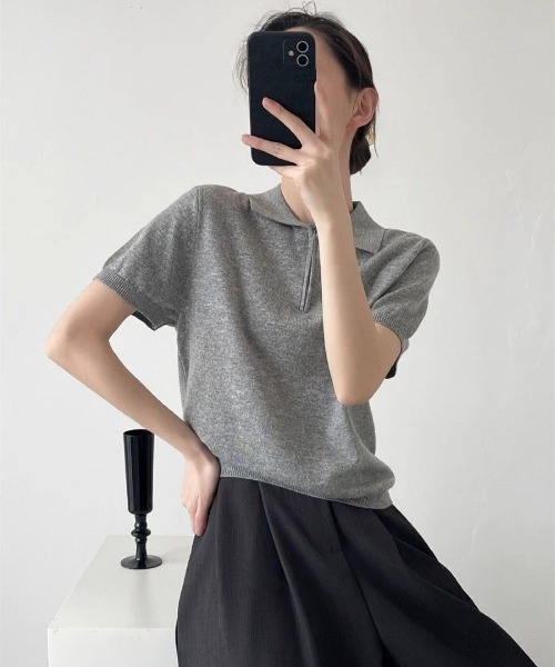Ritzy(リッツィー)の「ジップアップポロニットトップス(Tシャツ/カットソー・レディース・ライトグレー/ダークグレー/ネイビー/イエロー/ホワイト・M/L)」の22枚目の写真