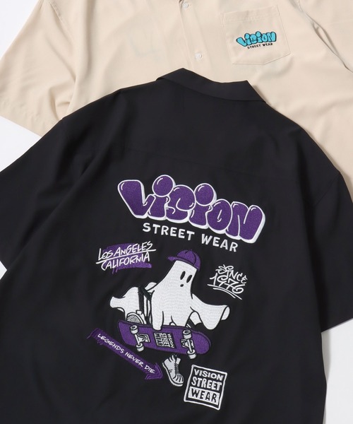 VISION STREET WEAR（ヴィジョンストリートウェア）の「VISION STREET WEAR/ヴィジョンストリートウェア オーバーサイズ バックプリント ロゴ ワンポイント刺繍 オープンカラー 半袖シャツ/レディース メンズ（シャツ/ブラウス・メンズ・アイボリー/ブラック・LL/M/L）」の2枚目の写真