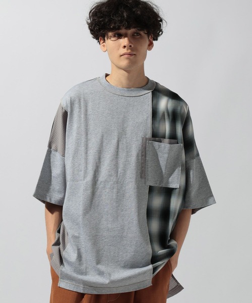 niko and...（ニコアンド）の「チェック切り替えドルマンTシャツ（Tシャツ/カットソー・メンズ・オフホワイト/グレー/ブラック・MEDIUM/LARGE）」の9枚目の写真