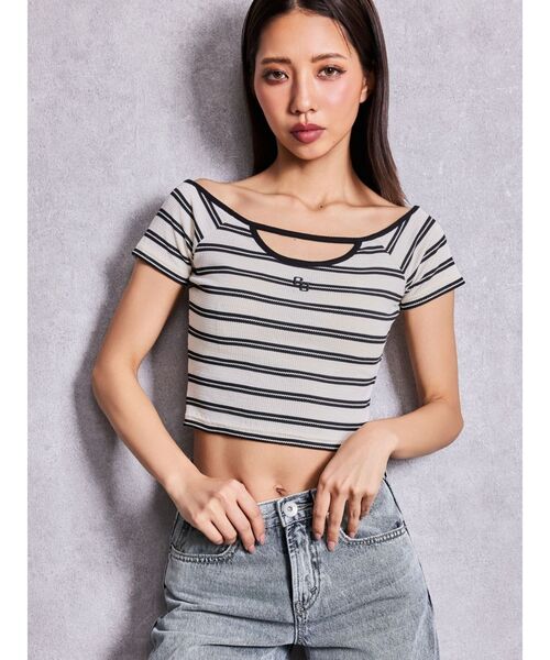 GYDA(ジェイダ)の「フロントOPENテレコショートトップス(Tシャツ/カットソー・レディース・その他1/パープル/ブラック/オフホワイト・FREE)」の1枚目の写真