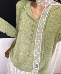 薄手フード付きヘンリーネック長袖トップス