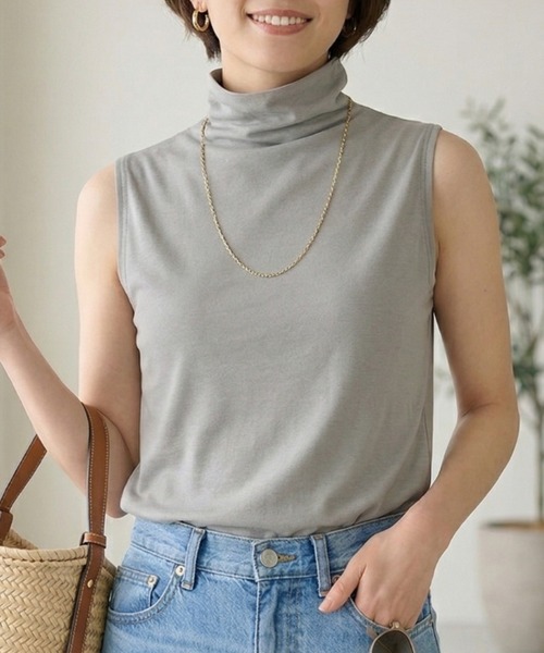 MULEXS(ミューレクス)の「【接触冷感】ハイネック ハイツイストコットン インナー ノースリーブ カットソー/袖なし(タンクトップ・レディース・グレー系/ネイビー/ライトグリーン/ホワイト/スモークピンク/ブラック・L/M)」の4枚目の写真