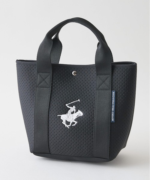 BEVERLY HILLS POLO CLUB(ビバリーヒルズポロクラブ)の「【BEVERLY HILLS POLO CLUB/ビバリーヒルズポロクラブ】【ネオプレーン風パンチング素材 軽量】パンチングネオミニトートバッグ カートバッグ ゴルフ 軽い 丈夫 メッシュ風 スポーティー 大人カジュアル(トートバッグ・レディース・ブラック・FREE)」の1枚目の写真