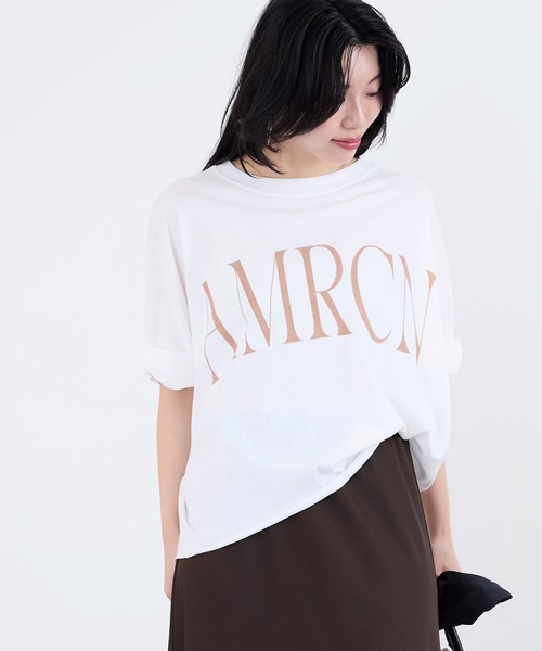 AMERICANA(アメリカーナ)の「【AMERICANA】クロップドワイドロールアップロゴTシャツ(Tシャツ/カットソー・レディース・スミクロ/ホワイト・FREE)」の6枚目の写真