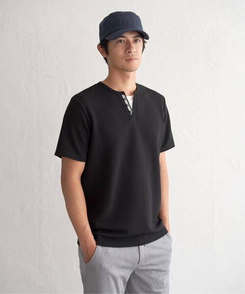 ikka(イッカ)の「【お得だ値】冷感フェイクヘンリーネックTシャツ(Tシャツ/カットソー・メンズ・ネイビー/サックスブルー/ダークグリーン/ブラック/ホワイト・L/S/XL/M)」の18枚目の写真