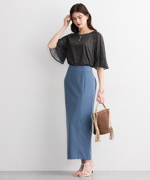 slattgir(スラットジール)の「高身長 ダイヤ柄プリント袖フレアカットソートップス(接触冷感・UVカット)(Tシャツ/カットソー・レディース・ブラック/ホワイト・T5L/T3L/TL/TM/TLL/T4L)」の9枚目の写真