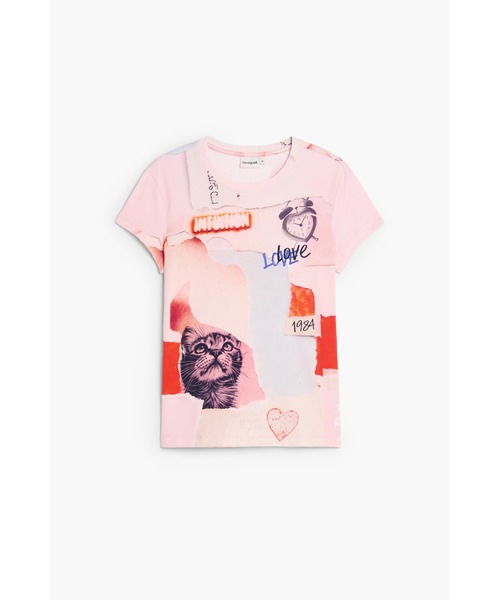 Desigual(デシグアル)の「キャットコラージュグラフィックTシャツ/ピンク【2026秋冬新作】(Tシャツ/カットソー・レディース・レッド・XL/M)」の1枚目の写真