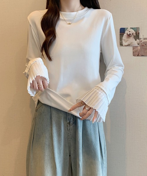 2ly2(トゥーリートゥー)の「プリーツスリーブデザイン 長袖トップス / フェミニン 袖プリーツカットソー(Tシャツ/カットソー・レディース・グレー/ブラック/ホワイト・FREE)」の20枚目の写真