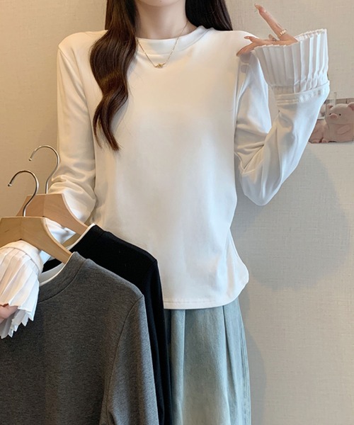 2ly2(トゥーリートゥー)の「プリーツスリーブデザイン 長袖トップス / フェミニン 袖プリーツカットソー(Tシャツ/カットソー・レディース・グレー/ブラック/ホワイト・FREE)」の8枚目の写真