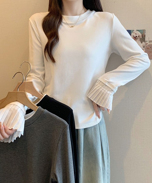 2ly2(トゥーリートゥー)の「プリーツスリーブデザイン 長袖トップス / フェミニン 袖プリーツカットソー(Tシャツ/カットソー・レディース・グレー/ブラック/ホワイト・FREE)」の16枚目の写真