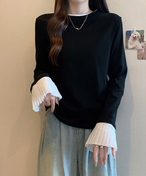2ly2(トゥーリートゥー)の「プリーツスリーブデザイン 長袖トップス / フェミニン 袖プリーツカットソー(Tシャツ/カットソー・レディース・グレー/ブラック/ホワイト・FREE)」の5枚目の写真