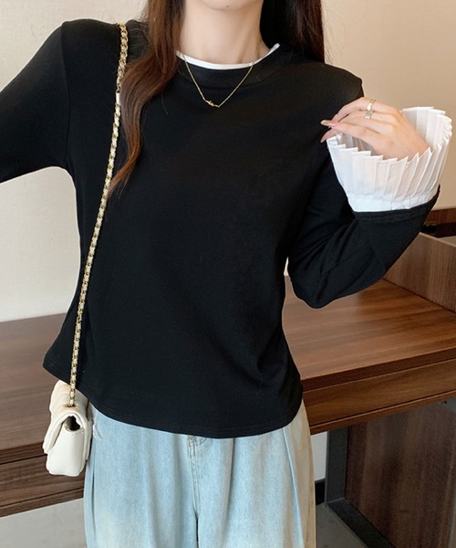 2ly2(トゥーリートゥー)の「プリーツスリーブデザイン 長袖トップス / フェミニン 袖プリーツカットソー(Tシャツ/カットソー・レディース・グレー/ブラック/ホワイト・FREE)」の19枚目の写真