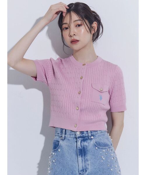 MERCURYDUO（マーキュリーデュオ）の「U.S. POLO ASSN.別注ケーブルカーディガン（カーディガン/ボレロ・レディース・オフホワイト/ピンク/ネイビー・FREE）」の3枚目の写真