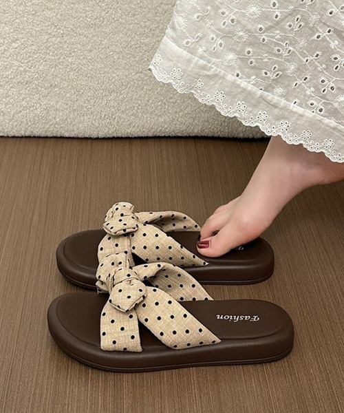 Miniministore(ミニミニストア)の「ドット柄リボン厚底サンダル大人可愛い夏靴(サンダル・レディース・ベージュ/ブラウン・24.0cm/23.5cm/23.0cm/22.5cm/24.5cm)」の1枚目の写真