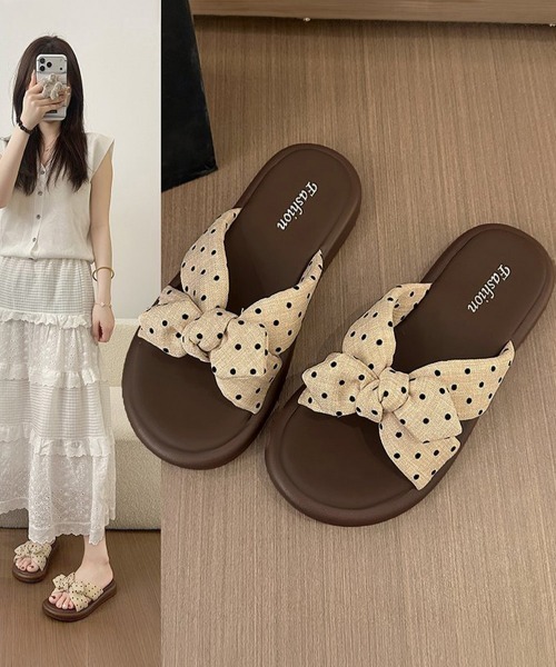 Miniministore(ミニミニストア)の「ドット柄リボン厚底サンダル大人可愛い夏靴(サンダル・レディース・ベージュ/ブラウン・24.0cm/23.5cm/23.0cm/22.5cm/24.5cm)」の9枚目の写真