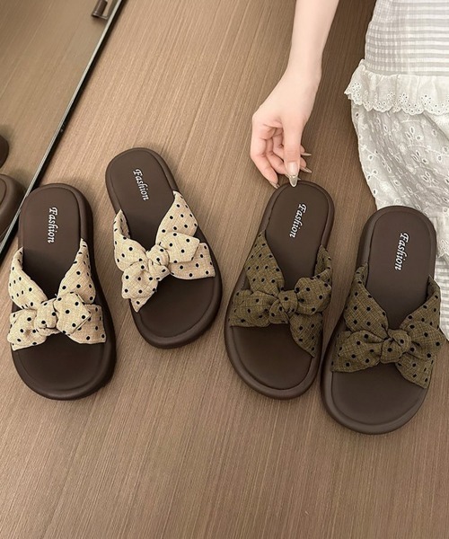 Miniministore(ミニミニストア)の「ドット柄リボン厚底サンダル大人可愛い夏靴(サンダル・レディース・ベージュ/ブラウン・24.0cm/23.5cm/23.0cm/22.5cm/24.5cm)」の3枚目の写真