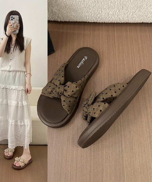 Miniministore(ミニミニストア)の「ドット柄リボン厚底サンダル大人可愛い夏靴(サンダル・レディース・ベージュ/ブラウン・24.0cm/23.5cm/23.0cm/22.5cm/24.5cm)」の15枚目の写真