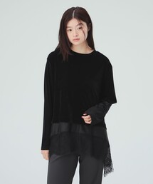レース付き メッシュ ベロア Tシャツ