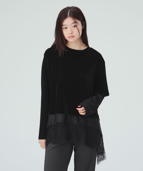 BEAMS HEART(ビームスハート)の「レース付き メッシュ ベロア Tシャツ(Tシャツ/カットソー・レディース・オフホワイト/ブラック・FREE)」の1枚目の写真