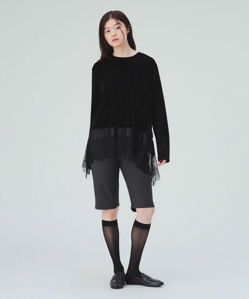 BEAMS HEART(ビームスハート)の「レース付き メッシュ ベロア Tシャツ(Tシャツ/カットソー・レディース・オフホワイト/ブラック・FREE)」の5枚目の写真