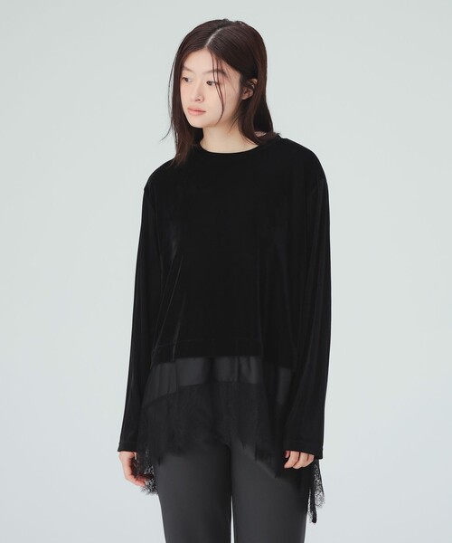 BEAMS HEART(ビームスハート)の「レース付き メッシュ ベロア Tシャツ(Tシャツ/カットソー・レディース・オフホワイト/ブラック・FREE)」の6枚目の写真