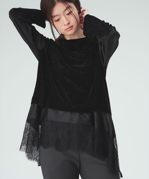 BEAMS HEART(ビームスハート)の「レース付き メッシュ ベロア Tシャツ(Tシャツ/カットソー・レディース・オフホワイト/ブラック・FREE)」の7枚目の写真