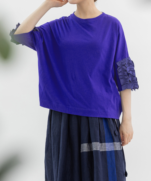 nop de nod(ノップドゥノッド)の「USコットンフリル5分袖Tシャツ(Tシャツ/カットソー・レディース・ブラウン/ブラック/オフホワイト/ダークブルー・M)」の20枚目の写真