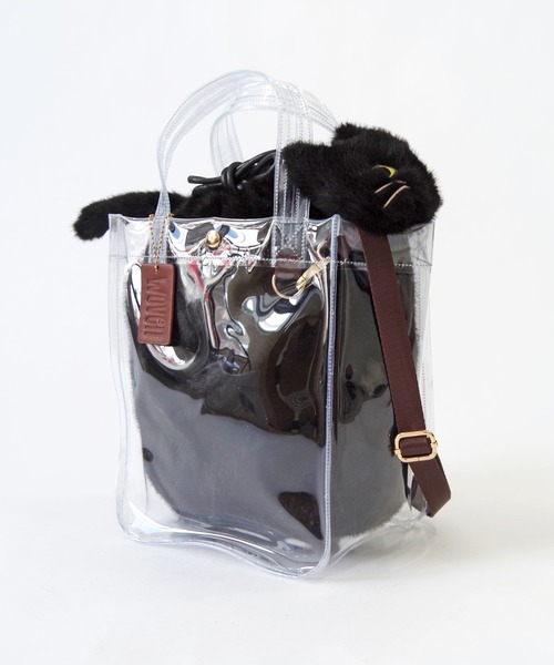 WOVEN(ウーヴン)の「WOVEN (ウーヴン) / クリアトートバッグ CLEAR PVC TOTE × エコファー ねこ 2WAY BAG 猫巾着 ショルダーバッグ(ショルダーバッグ・レディース・グレー/ホワイト/ブラウン/ブラック・FREE)」の3枚目の写真