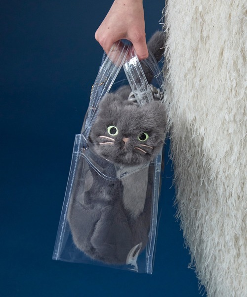 WOVEN(ウーヴン)の「WOVEN (ウーヴン) / クリアトートバッグ CLEAR PVC TOTE × エコファー ねこ 2WAY BAG 猫巾着 ショルダーバッグ(ショルダーバッグ・レディース・グレー/ホワイト/ブラウン/ブラック・FREE)」の5枚目の写真