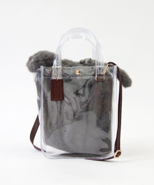 WOVEN(ウーヴン)の「WOVEN (ウーヴン) / クリアトートバッグ CLEAR PVC TOTE × エコファー ねこ 2WAY BAG 猫巾着 ショルダーバッグ(ショルダーバッグ・レディース・グレー/ホワイト/ブラウン/ブラック・FREE)」の7枚目の写真
