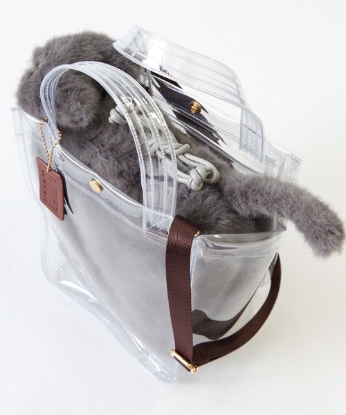 WOVEN(ウーヴン)の「WOVEN (ウーヴン) / クリアトートバッグ CLEAR PVC TOTE × エコファー ねこ 2WAY BAG 猫巾着 ショルダーバッグ(ショルダーバッグ・レディース・グレー/ホワイト/ブラウン/ブラック・FREE)」の11枚目の写真