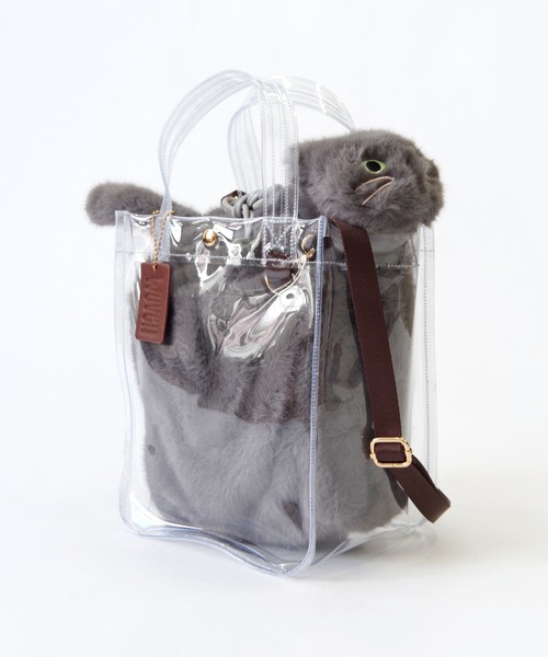 WOVEN(ウーヴン)の「WOVEN (ウーヴン) / クリアトートバッグ CLEAR PVC TOTE × エコファー ねこ 2WAY BAG 猫巾着 ショルダーバッグ(ショルダーバッグ・レディース・グレー/ホワイト/ブラウン/ブラック・FREE)」の9枚目の写真