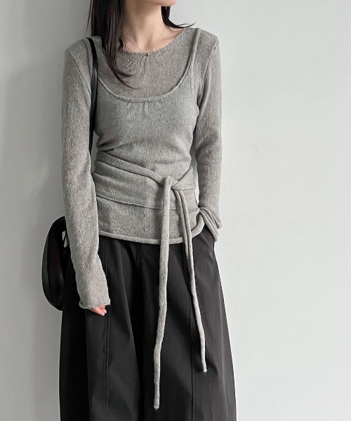 CHUN CHUN NOTES(チュンチュンノーツ)の「26AW/シアーニットトップス×ウエストリボンキャミソール 2点セット(ニット/セーター・レディース・グレー/イエロー/アイボリー・F)」の4枚目の写真
