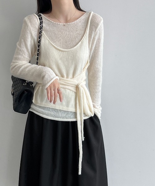 CHUN CHUN NOTES(チュンチュンノーツ)の「26AW/シアーニットトップス×ウエストリボンキャミソール 2点セット(ニット/セーター・レディース・グレー/イエロー/アイボリー・F)」の11枚目の写真