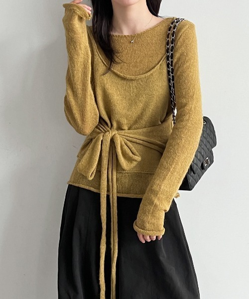 CHUN CHUN NOTES(チュンチュンノーツ)の「26AW/シアーニットトップス×ウエストリボンキャミソール 2点セット(ニット/セーター・レディース・グレー/イエロー/アイボリー・F)」の17枚目の写真