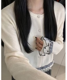 袖口&裾フリル配色ニットカーディガン