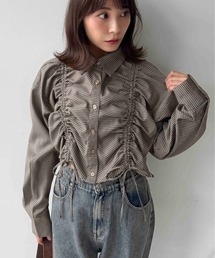 ☆クロップド丈 シャーリングリボン結び チェック柄シャツ