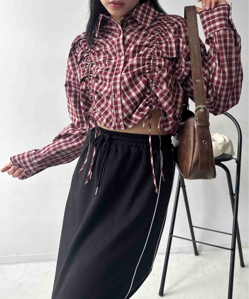 AS KNOW AS plus(アズノゥアズプラス)の「☆クロップド丈 シャーリングリボン結び チェック柄シャツ(シャツ/ブラウス・レディース・ブラウン系/ブラック系/レッド系・FREE)」の19枚目の写真
