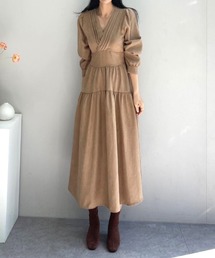 Vネック コーデュロイ ロングワンピース