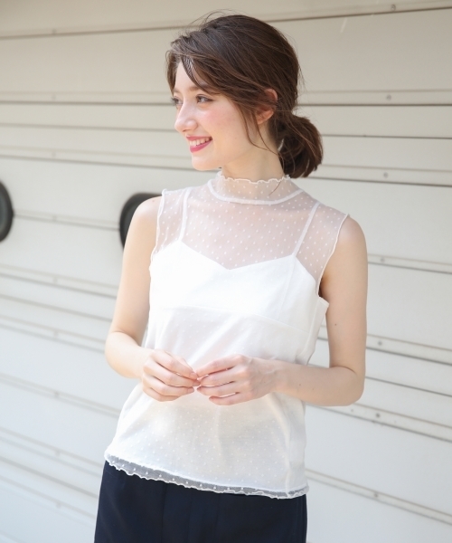 Heather（ヘザー）の「ドットチュールハイネック＊タンク　792006（Tシャツ/カットソー・レディース・ブラック/アイボリー/ヘザーグレー・FREE）」の2枚目の写真