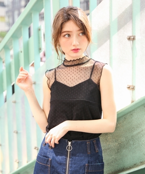 Heather（ヘザー）の「ドットチュールハイネック＊タンク　792006（Tシャツ/カットソー・レディース・ブラック/アイボリー/ヘザーグレー・FREE）」の3枚目の写真